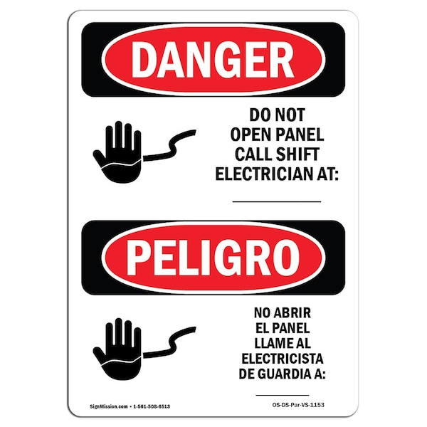 Safety Sign, OSHA Danger, 5" Height, Do Not Open Panel Call Electrician Spanish, 10PK